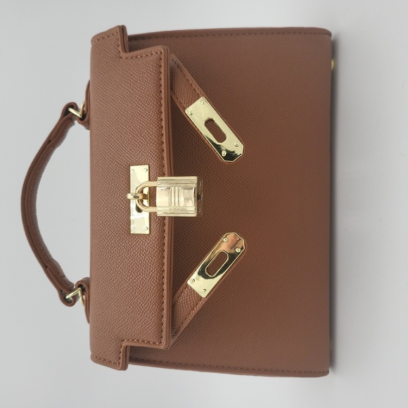 Brown PU Leather Tote Purse Satchel with Gold Hardware - Picture 1 of 9